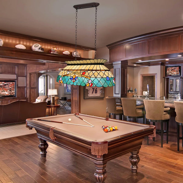 Tiffany Stained Glass Pool Table Pendant Light – 3-Light Amber Green