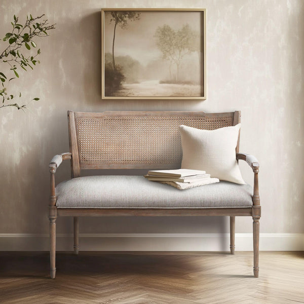 Farmhouse Settee with Rattan Back & Padded Arms