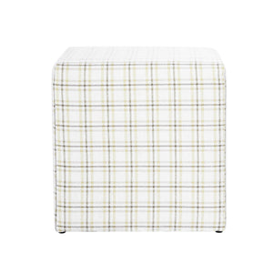 19" Square Upholstered Cube Ottoman – Wood Frame, Plaid Fabric