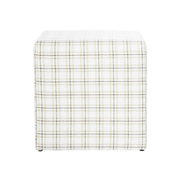 19" Square Upholstered Cube Ottoman – Wood Frame, Plaid Fabric