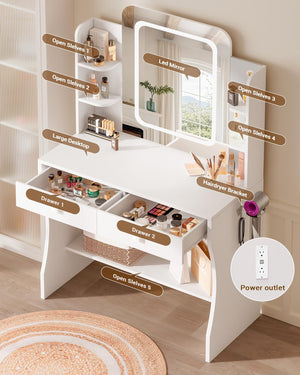 LED Makeup Vanity Desk with Smart Mirror, Power Outlet & Storage