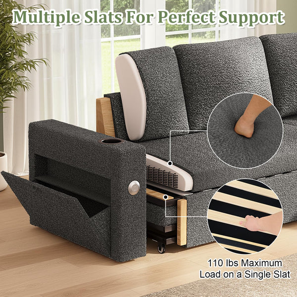 L-Shaped Sectional Sleeper Sofa with Storage Chaise, Charging Ports & Cup Holders