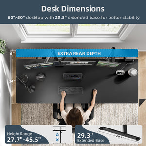 Electric Standing Desk 60x30 with Flip-Top Cable Management & Dual-Beam Frame