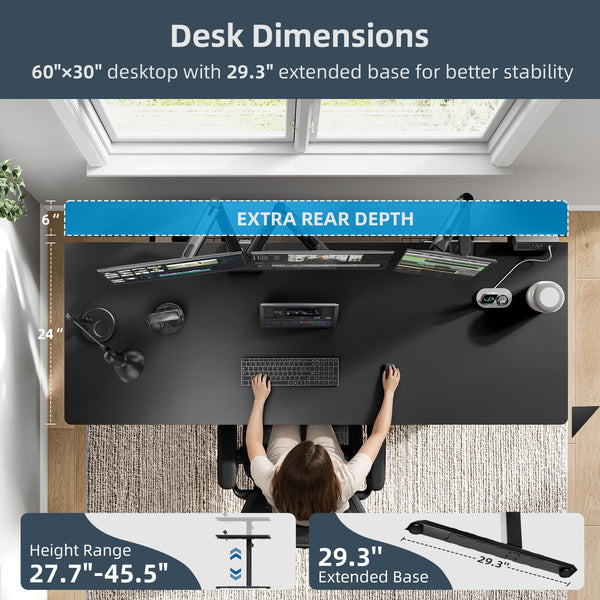 Electric Standing Desk 60x30 with Flip-Top Cable Management & Dual-Beam Frame