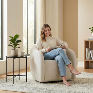 360° Swivel Accent Chair – Cream Fabric, Round Barrel Design