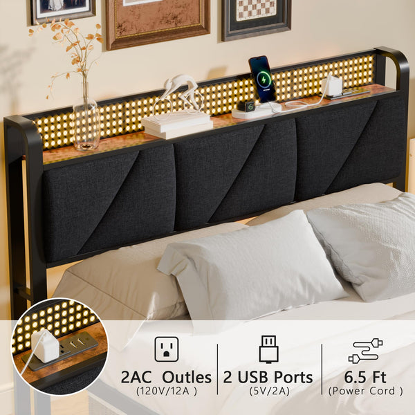 Platform Bed Frame with LED Headboard, Charging Station & Storage