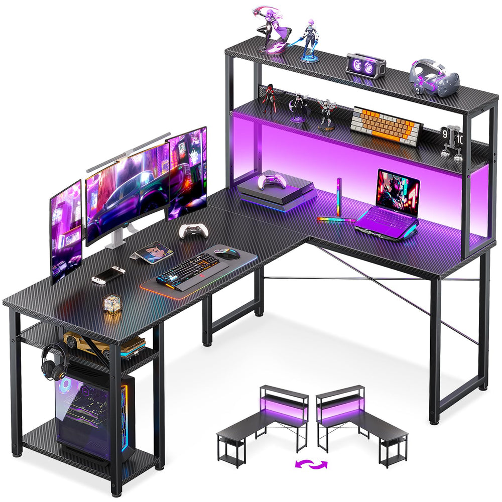 L-Shaped Gaming Desk with Hutch & Storage Shelves