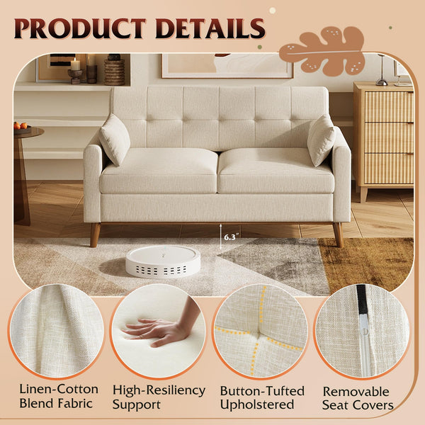 62" Button-Tufted Loveseat Sofa – Mid-Century Modern