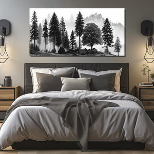 Large Foggy Forest & Mountain Canvas Wall Art