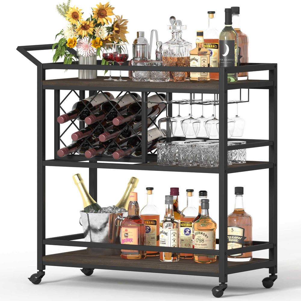 Rolling Bar Cart with Wine Rack & Stemware Holder