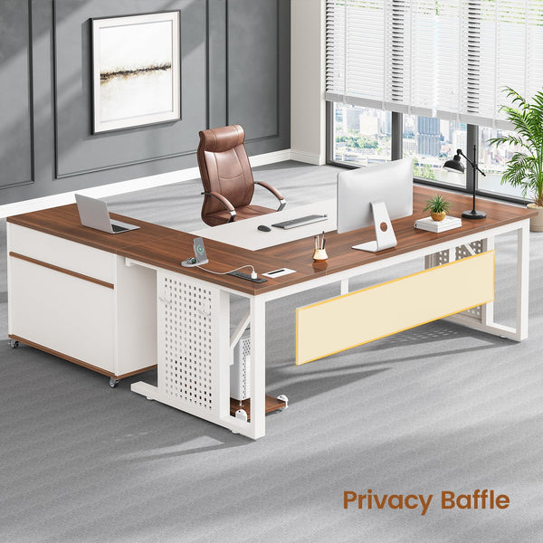 L-Shaped Executive Desk with Rolling File Cabinet & Power Outlets
