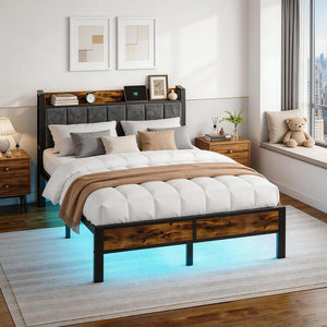 LED Platform Bed Frame with Charging Station & RGB Lighting