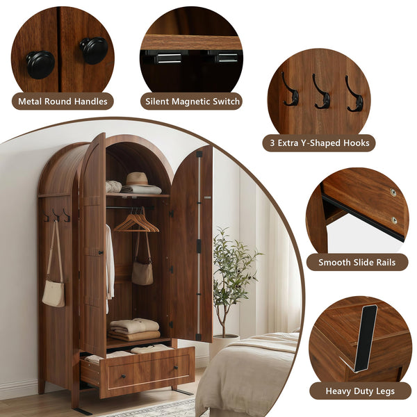 Armoire Wardrobe Closet with Drawer & Arched Doors — Walnut
