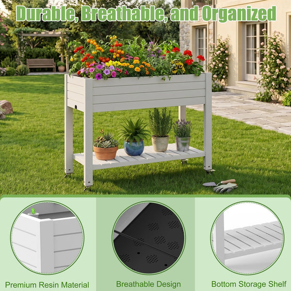 Raised Garden Bed with Wheels, Storage Shelf & Water Level Monitor