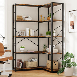 5-Tier L-Shaped Corner Bookshelf with Metal Frame
