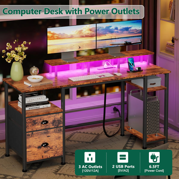 Gaming & Home Office Computer Desk with Power Outlets, LED Lights & Monitor Stand