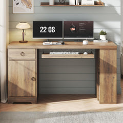 55 Inch Farmhouse Executive Desk with Drawers, Keyboard Tray & Storage Shelves