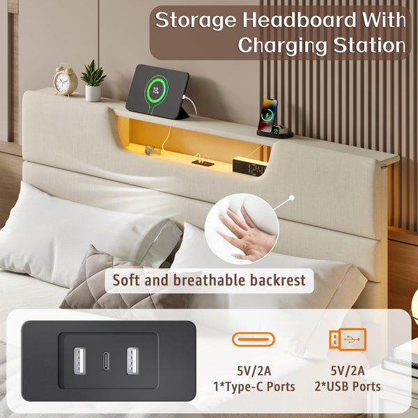 Queen Platform Bed with LED Lights & Charging Station