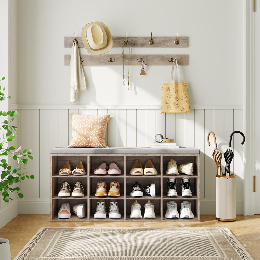 Entryway Shoe Storage Bench with Cushion & Coat Rack, 12 Cubbies, 330 lb Capacity
