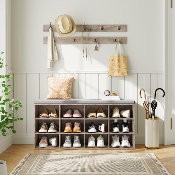 Entryway Shoe Storage Bench with Cushion & Coat Rack, 12 Cubbies, 330 lb Capacity