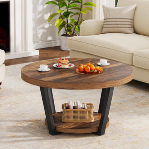 Round Coffee Table with Storage Shelf, 2-Tier