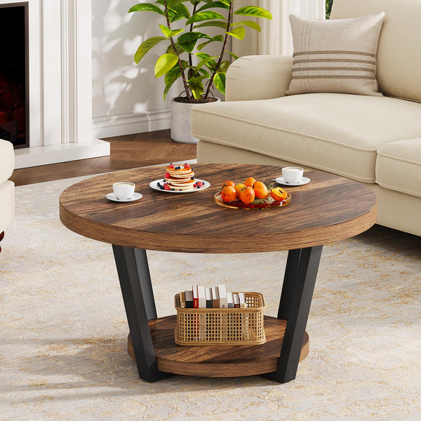 Round Coffee Table with Storage Shelf, 2-Tier