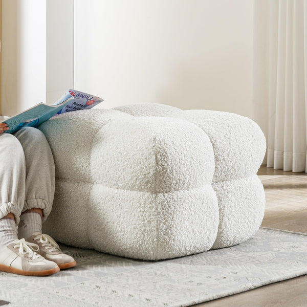 Square Tufted Ottoman Foot Rest – Teddy Fabric, Upholstered Pouf Stool
