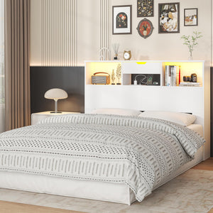 Queen Size Bookcase Headboard with Storage, LED Lights & Charging Station