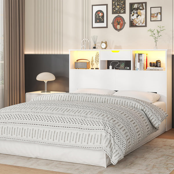 Queen Size Bookcase Headboard with Storage, LED Lights & Charging Station