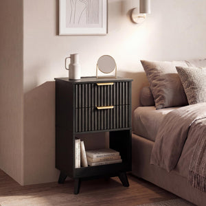 Tall Nightstand with Charging Station, Fluted Drawers & Storage Shelf