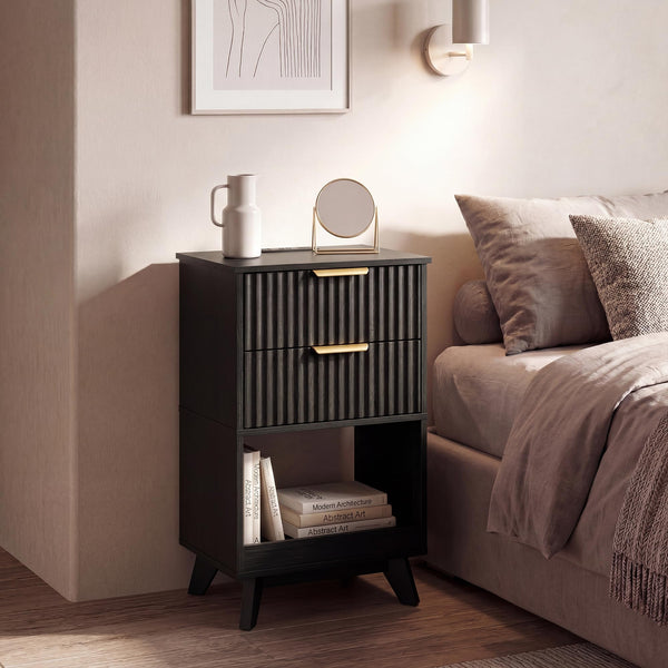 Tall Nightstand with Charging Station, Fluted Drawers & Storage Shelf