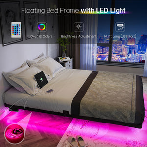 Floating Bed Frame with LED Lights & Charging Station
