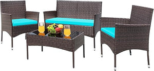 4-Piece Outdoor Wicker Patio Conversation Set with Cushions & Glass Table