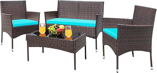 4-Piece Outdoor Wicker Patio Conversation Set with Cushions & Glass Table