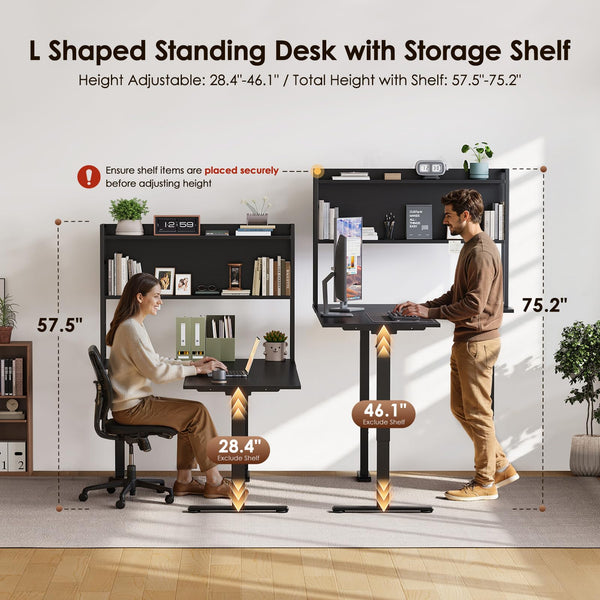 L-Shaped Electric Standing Desk 63 Inch with Storage Shelf