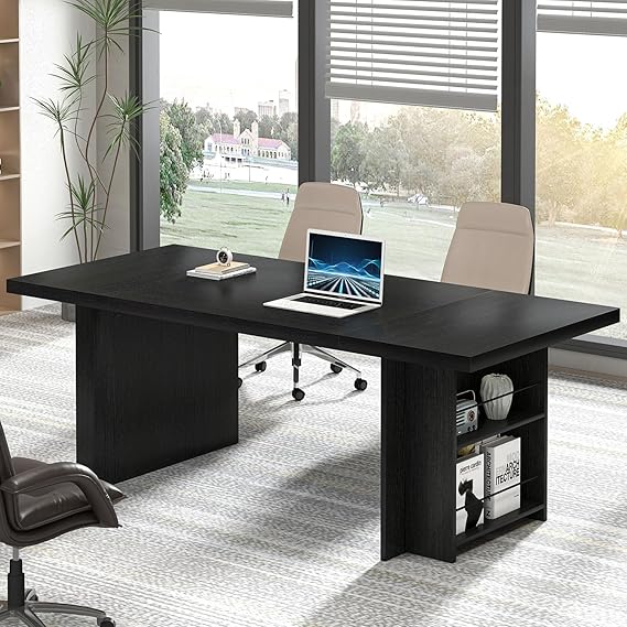 70" Large Executive Desk with Storage Shelves, Industrial Wood