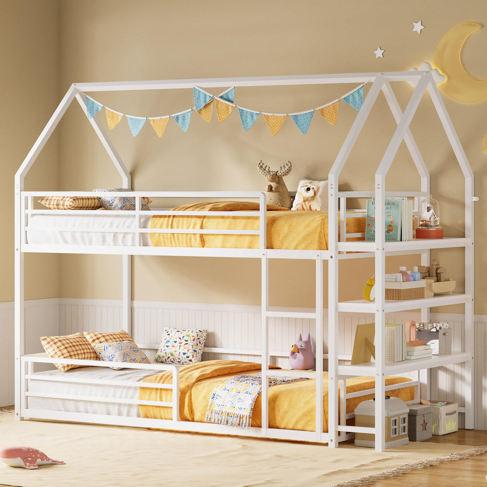 Twin Over Twin House Bunk Bed with Storage Shelf