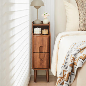 Mid-Century Modern Narrow Nightstand with 2 Drawers