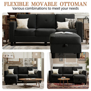 3-Seat L-Shaped Sectional Sofa with Storage Ottoman & Reversible Chaise