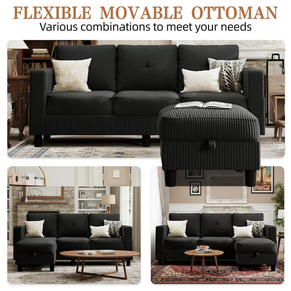 3-Seat L-Shaped Sectional Sofa with Storage Ottoman & Reversible Chaise