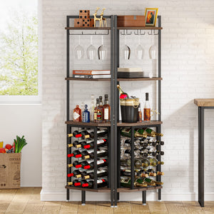 4-Tier Industrial Corner Wine Rack with Glass Holders – Rustic Brown
