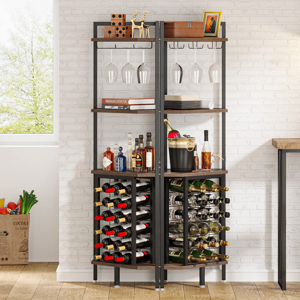 4-Tier Industrial Corner Wine Rack with Glass Holders – Rustic Brown