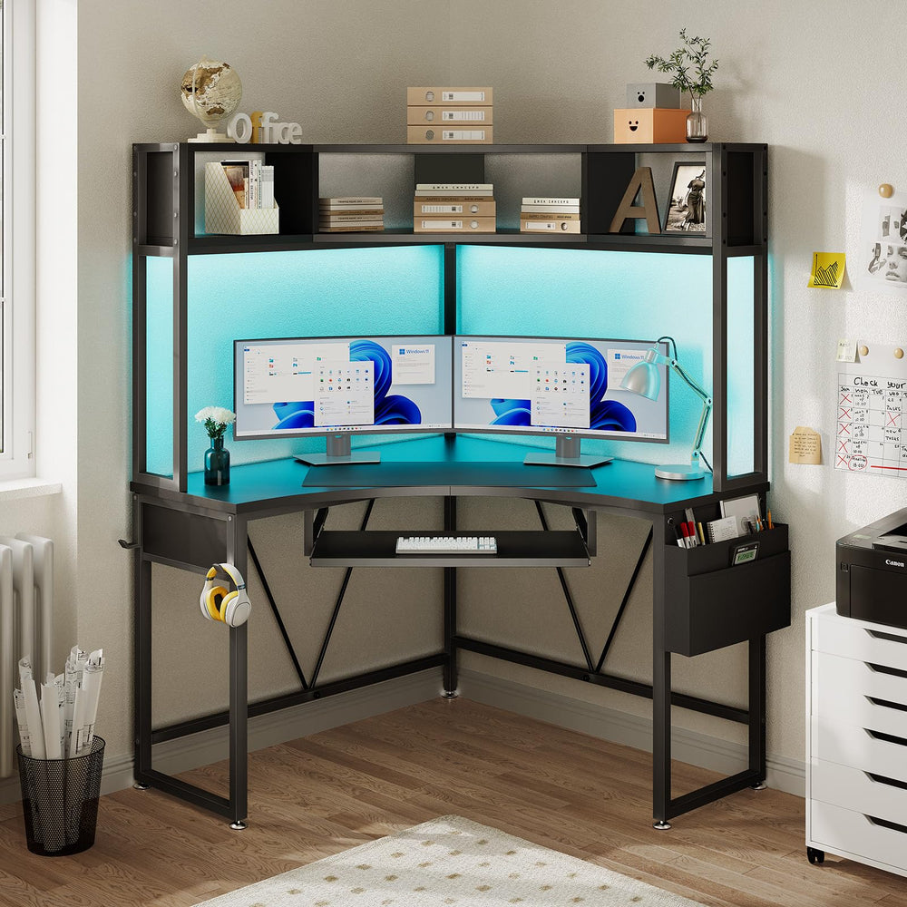 Corner Desk with LED Lights, Keyboard Tray & Storage