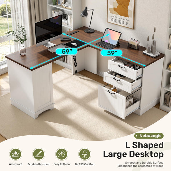 59" Farmhouse L-Shaped Desk with Power Outlets & Storage Cabinet