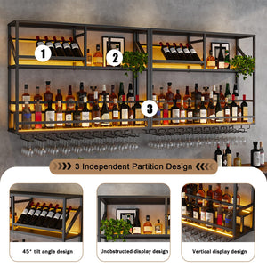 Wall Mounted Bar Shelf with LED & Wine Glass Rack