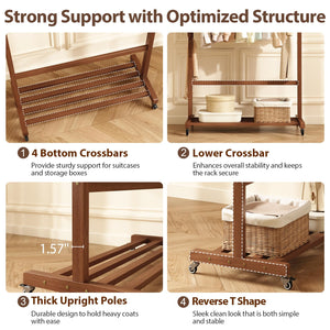 Solid Wood Rolling Clothing Rack with Cactus Hooks