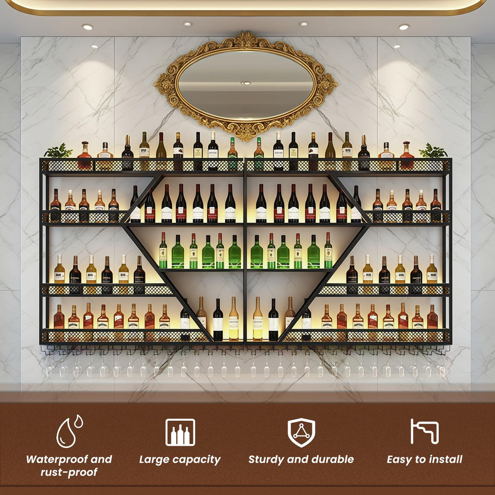 Wall Mounted Wine Rack with LED Light – 4-Tier Metal Floating Shelf with Glass Holder