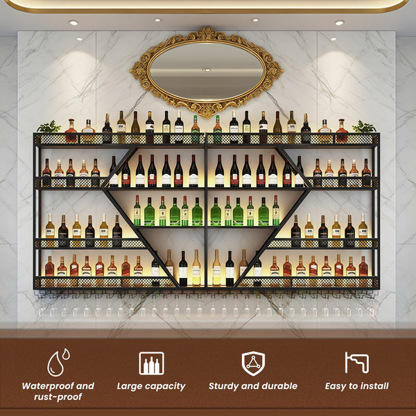 Wall Mounted Wine Rack with LED Light – 4-Tier Metal Floating Shelf with Glass Holder