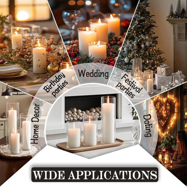 Glass Hurricane Candle Holders with White Pillar Candles Set of 12