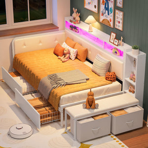 Twin Corner Daybed Frame with Storage Drawers, Charging Station & Bookcase Headboard